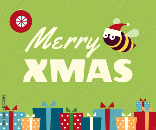 Medium rectangle web banner. Retro styled colorful illustration of a cute bee in a Santa hat flying near the words "Merry Xmas" over a bunch of presents. Light green background.