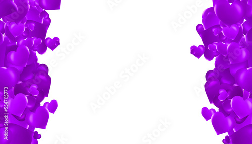3d purple heart stack side border on valentine's day side view as decoration isolated on white background