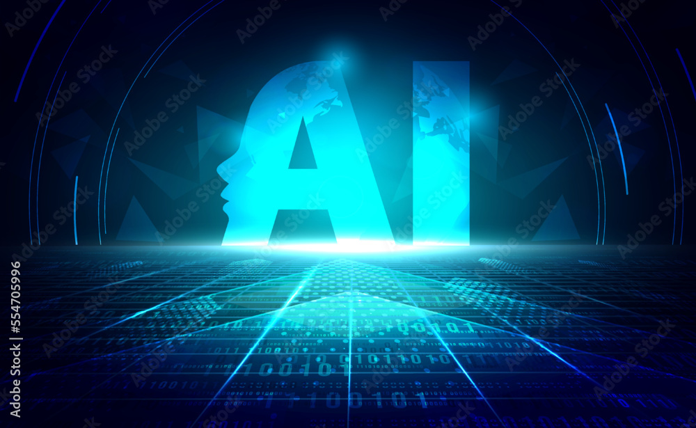 AI Artificial intelligence abstract, Digital technology blue green background binary code, abstract tech big data analysis, deep learning machine learning, computer vision, illustration vector 3d
