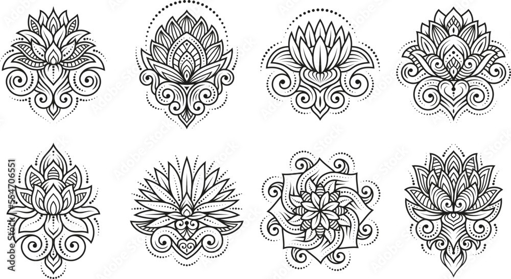 Lotus tattoo design. Creative bohemian lotos flowers tattoos, modern zen mandala ornament. Henna ornate drawing templates, tidy vector floral design Stock Vector