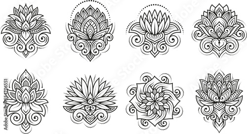 Lotus tattoo design. Creative bohemian lotos flowers tattoos, modern zen mandala ornament. Henna ornate drawing templates, tidy vector floral design