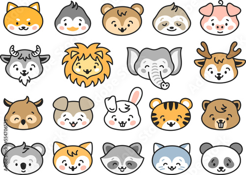 Kawaii animal avatars. Cartoon cute stickers with funny animals faces. Dog, lion, cat portraits. Childish funny mascots, isolated tidy vector zoo set