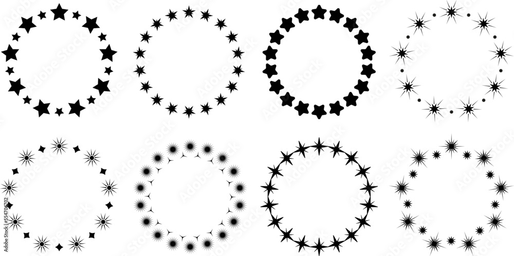 Black stars frames, simple circle star banners template. Various starry silhouettes cutting design, vector round ornaments set Black stars frames, simple circle star banners template. Various starry silhouettes cutting design, vector round ornaments set