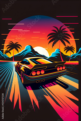 Cars and City Background. Hand drawn Future style illustartion, synthwave and retro style