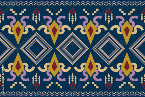 Ethnic fabric pattern geometric style. Sarong Aztec Ethnic oriental pattern traditional blue background. Abstract,vector,illustration. Use for texture,clothing,wrapping,decoration,carpet.