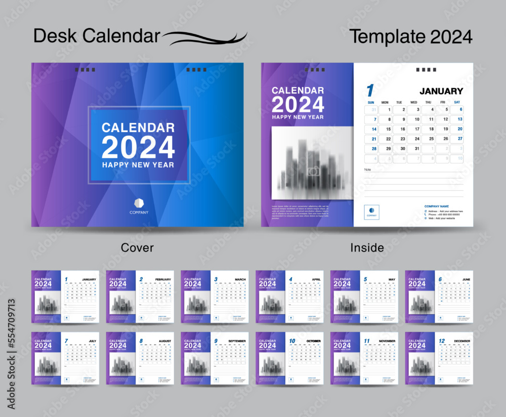 Desk Calendar 2024 template set and Blue cover design, Set of 12 Months
