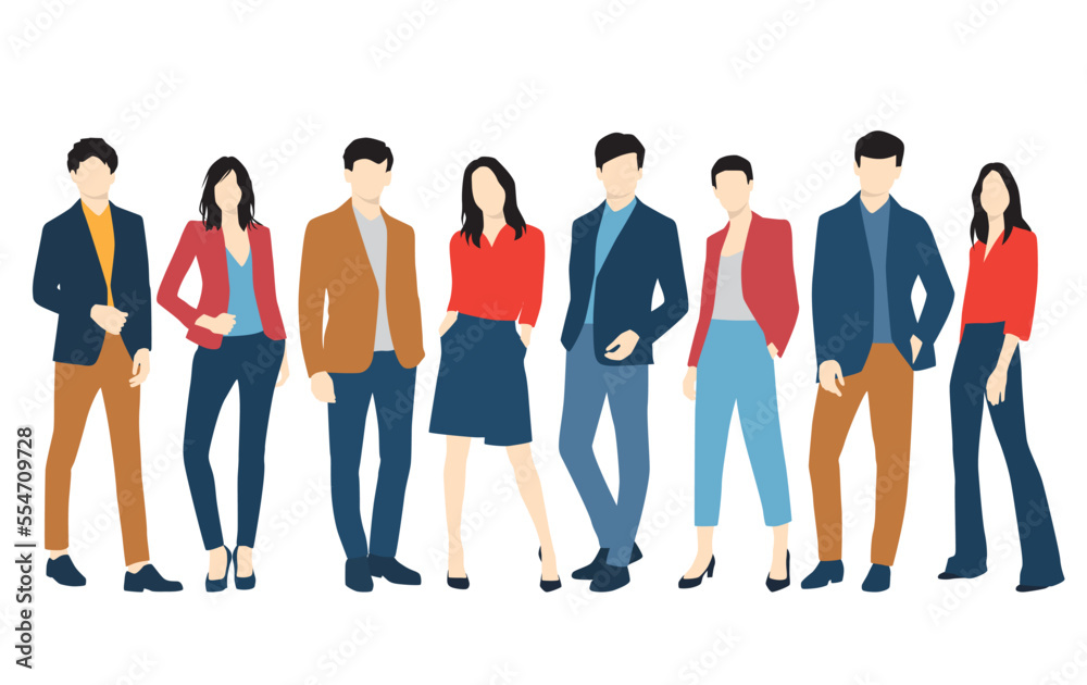 Set of young men and women, different colors, cartoon character, group of silhouettes of standing business people, students, the design concept of flat icon, isolated on white background Set of young men and women, different colors, cartoon character, group of silhouettes of standing business people, students, the design concept of flat icon, isolated on white background