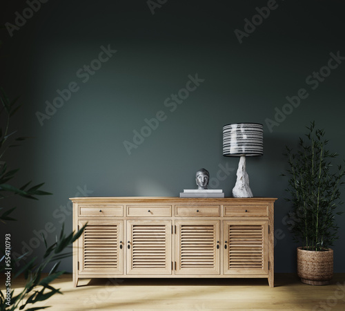 Fototapeta Naklejka Na Ścianę i Meble -  Modern interior with wooden sideboard and plants on green wall background 3D Rendering, 3D Illustration