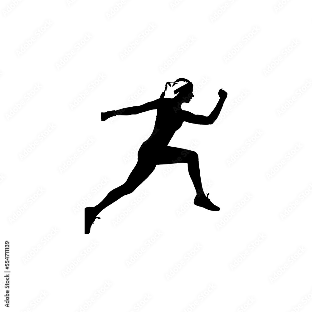 Woman runner icon. Simple style Woman runner running tournament poster background symbol. Woman runner brand logo design element. Woman runner t-shirt printing. vector for sticker.