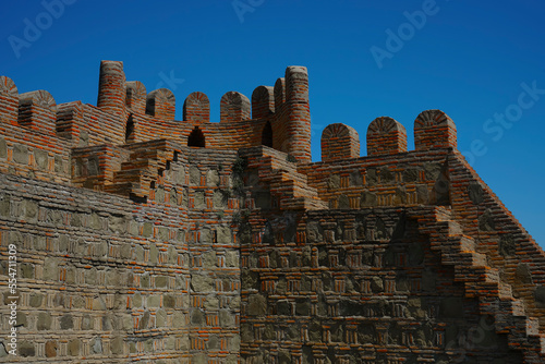 Narikala Fortress wall fragment, brick wall of Narikala, Old Tbilisi, Georgia. Fragment of brick walls of historical fortress.