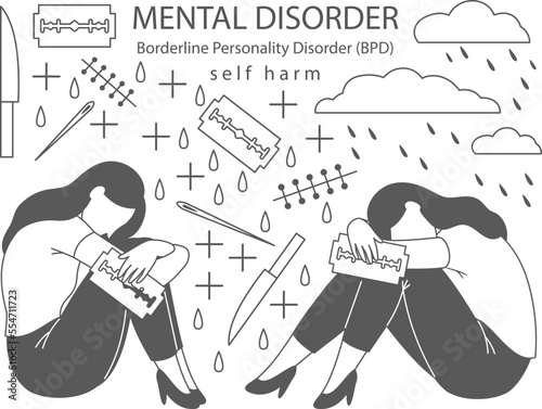 Depressed adult woman with Borderline personality disorder sits in the crying rain, blades, knives, needles. Concept of mental health problems