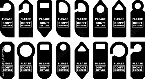 Door handle hanger set. Do not disturb room hotel sign icons collection. Different labels on hostel room door illustration. Black hangers vector template isolated