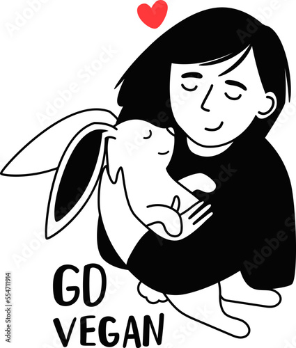 Kind girl hugs the little happy rabbit. Go vegan. Vector illustration about friendship between people and animals. Nature respect concept and vegan