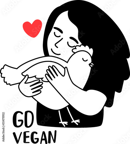 Little kind girl hugs the chicken. Go vegan. Vector illustration about friendship between people and animals. Nature respect concept and vegan lifestyle. Happy hen with little hearts
