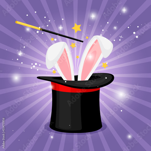 Magic hats with bunny ears. Magician hat with rabbit. Circus show, abracadabra wand. Vector illustration about wizard conjure cylinder