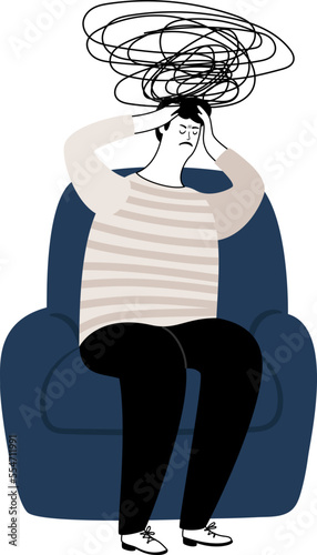 Mental attack. Headhacke man, bad thinking panic emotions person, concentrating pain reaction distraught depression attacked guy