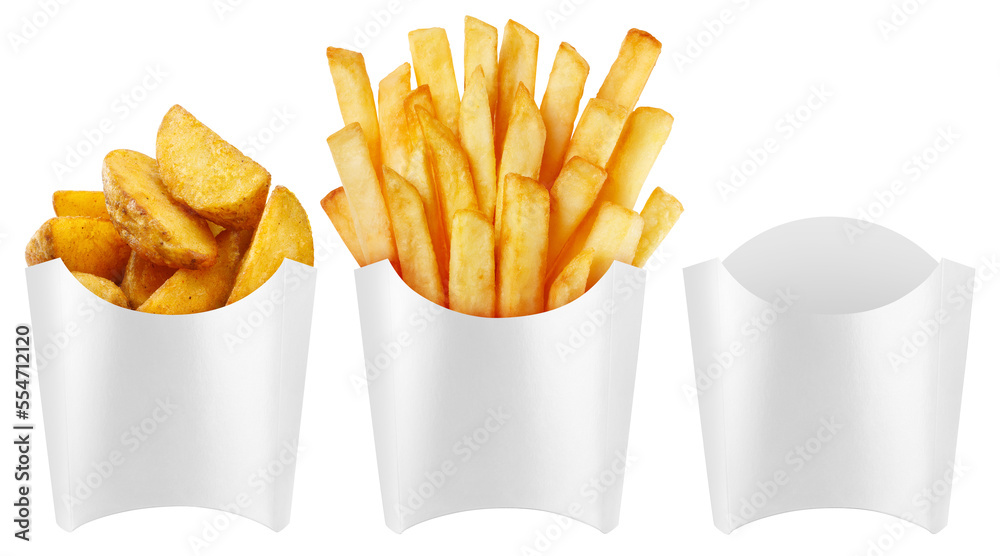 Set of carton package boxes (potato wedges, potato fries, empty), isolated on white background Set of carton package boxes (potato wedges, potato fries, empty), isolated on white background