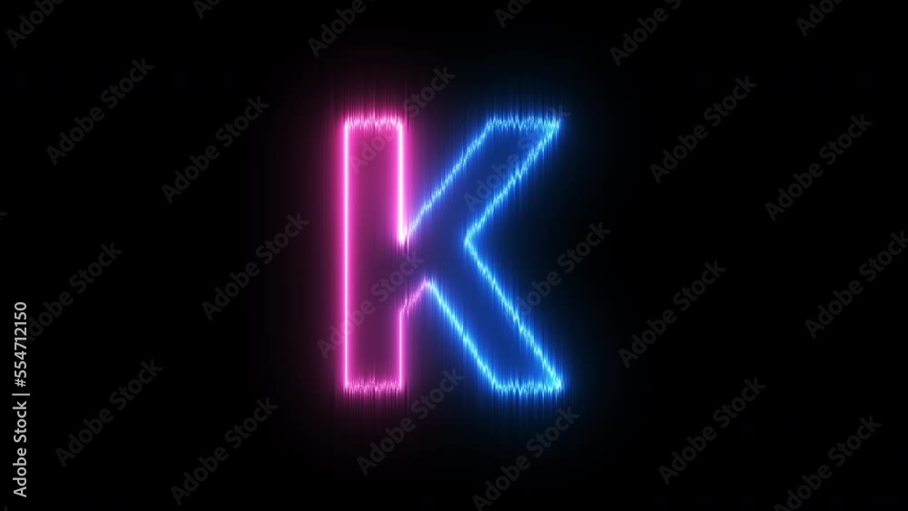 Neon light blue pink alphabet K on black background.