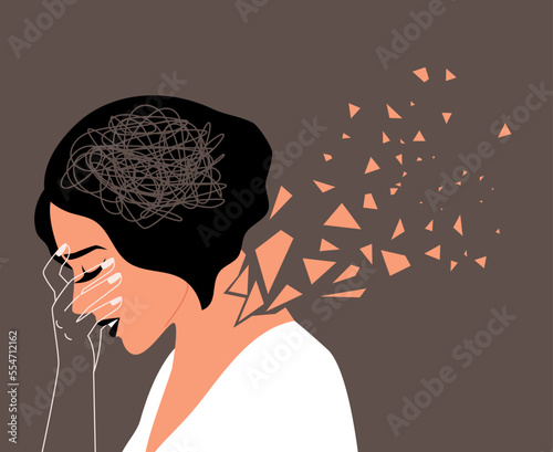 Upset adult woman with confused thoughts holds the head with her hand. The concept of mental illness. The neck is broken into black of support in life and mental health problems