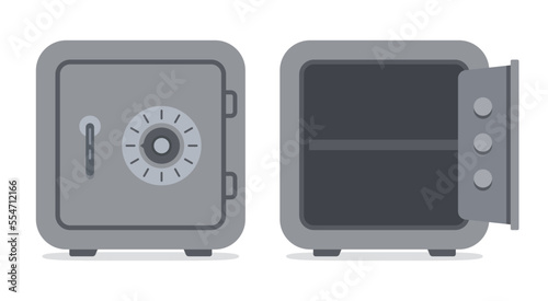 Closed bank safe and open empty safe. Vector.