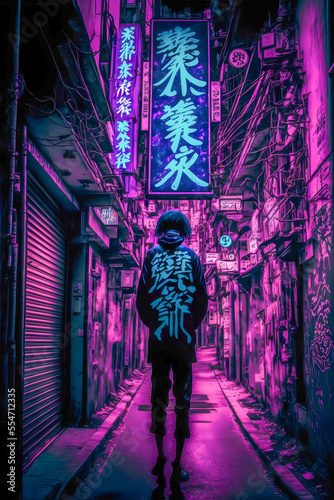 Tokyo City by Night, Anime and Manga drawing illustration, city ​​views, purple neon © PaputekWallArt