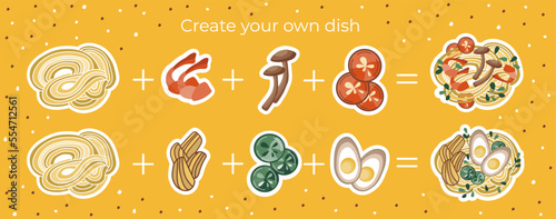 Asian food illustration. Create your own dish. Udon or ramen soup with different ingredients. Suitable for restaurant menus, banners, logos, and fast food advertisements.