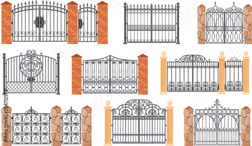 Forged gates. Wrought gate, cartoon ornamental metal enclosure for house park or garden manor entrance antique iron fence with ironwork decorative railing, neat vector illustration