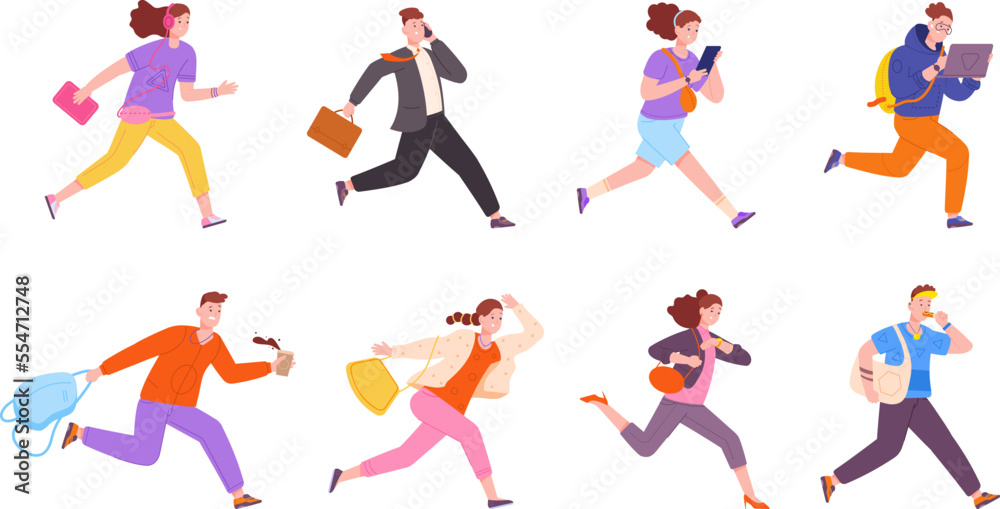 Employee late for work. Concerned employee hurry in office, workers run looks watch rush meeting, guy in suit overslept time fast moving appointment, splendid vector illustration