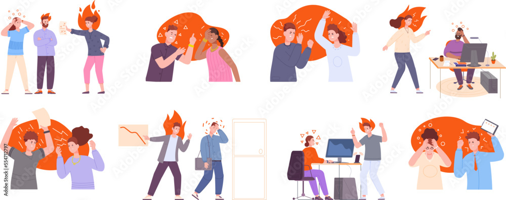 Angry colleague on job. Annoyances stress mad work office conflicts, shouting employees yelling boss, aggressive employer overworked bad relationship, splendid vector illustration