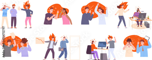 Angry colleague on job. Annoyances stress mad work office conflicts  shouting employees yelling boss  aggressive employer overworked bad relationship  splendid vector illustration