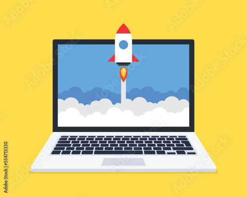 Concept of business startup. Rocket launch from screen. Vector illustration.