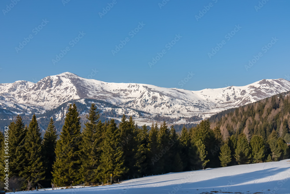 Panoramic view of forest and snow capped mountain peak Zirbitzkogel and Kreiskogel in Seetal Alps, Styria (Steiermark), Austria, Europe. Alpine hiking trail in Central Alps in winter on sunny day