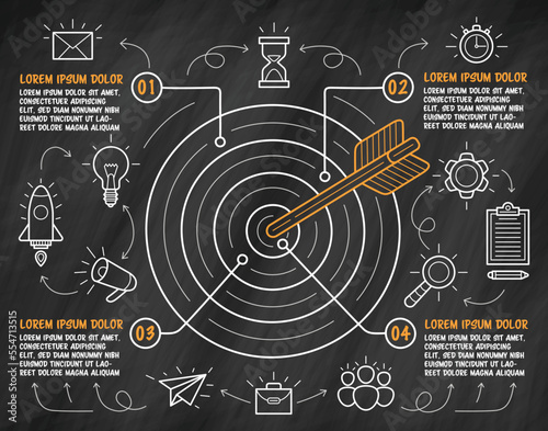 Hand drawn target with arrow in center and business icons around. Infographic template on blackboard. Vector illustration.