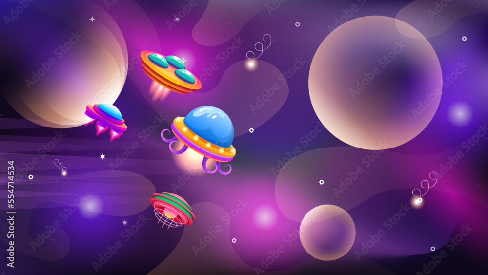 Abstract Aliens On Flying Saucers In Dark Space Planet Background Gradient Unidentified Flying Object Ufo Stars Vector Design Style