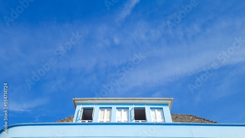 Old blue portuguese brazilian beach window building with blue sky