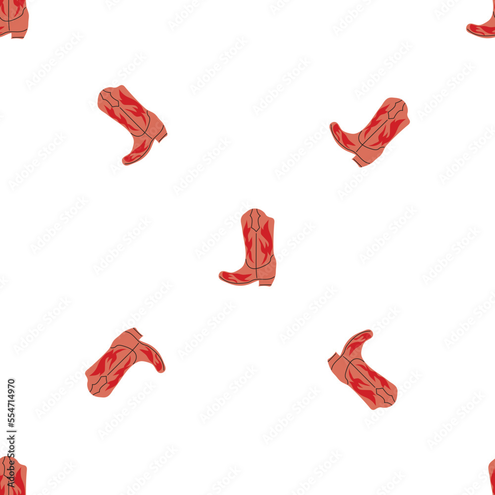 Cowboy boots with ornament seamless pattern. Wild west theme. Hand drawn colored trendy vector illustration on white background Cowboy boots with ornament seamless pattern. Wild west theme. Hand drawn colored trendy vector illustration on white background