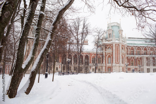 Museum Reserve Tsaritsyno in the city in winter during a snowfall. The business card of Moscow. The Grand Palace. Travel and tourism in Russia.