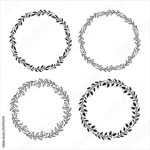 Set of hand drawn Christmas wreaths. Round floral frames for invitations, posters, greeting cards, web, frame art.