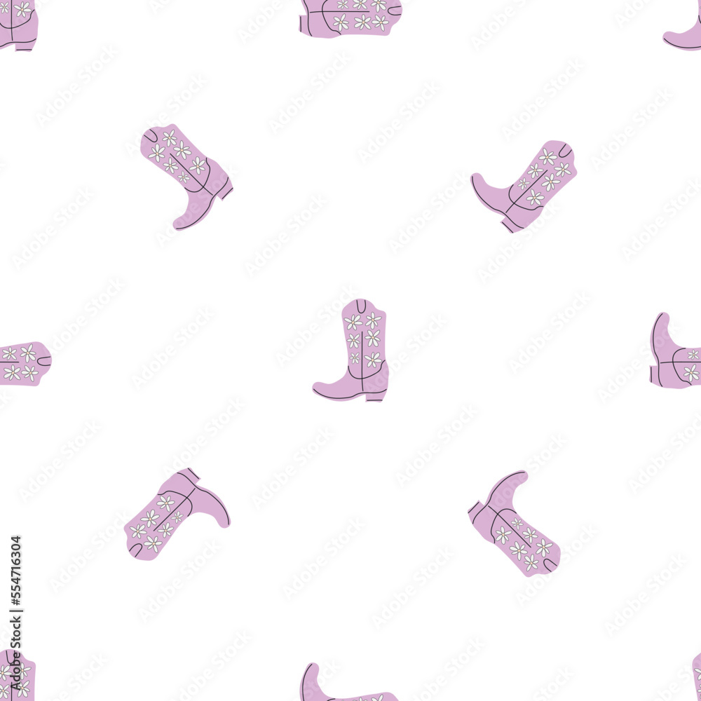 Cowboy boots with ornament seamless pattern. Wild west theme. Hand drawn colored trendy vector illustration on white background Cowboy boots with ornament seamless pattern. Wild west theme. Hand drawn colored trendy vector illustration on white background