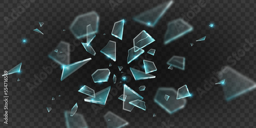 Broken glass shatter explosion, vector sharp ice fragments on transparent background, 3D splinters. Danger flying crystal piece, destroy windshield smithereens concept. Broken glass realistic clipart