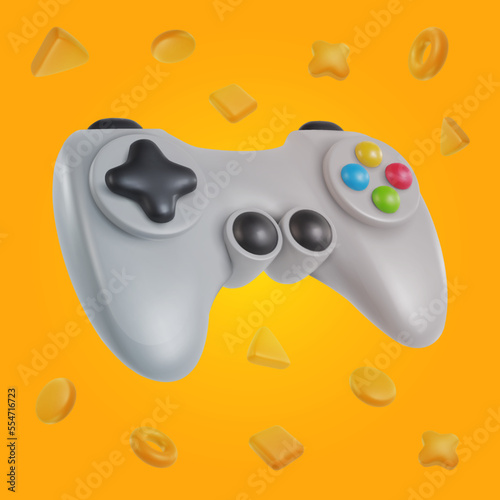 3d realistic game controller with geometric shapes in minimal funny cartoon style. Modern design element on color background. Vector illustration or icon gamepad.