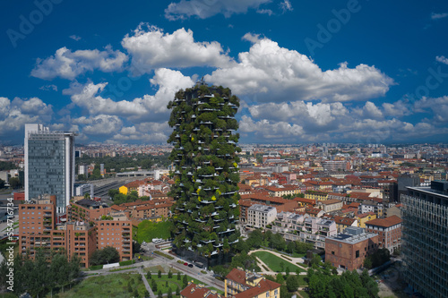 Milano, Italy - July 29, 2021: Aerial view of Bosco Verticale in Milan Italy. Vertical forest in Milan drone view. Modern architecture, vertical gardens, terraces with plants. photo