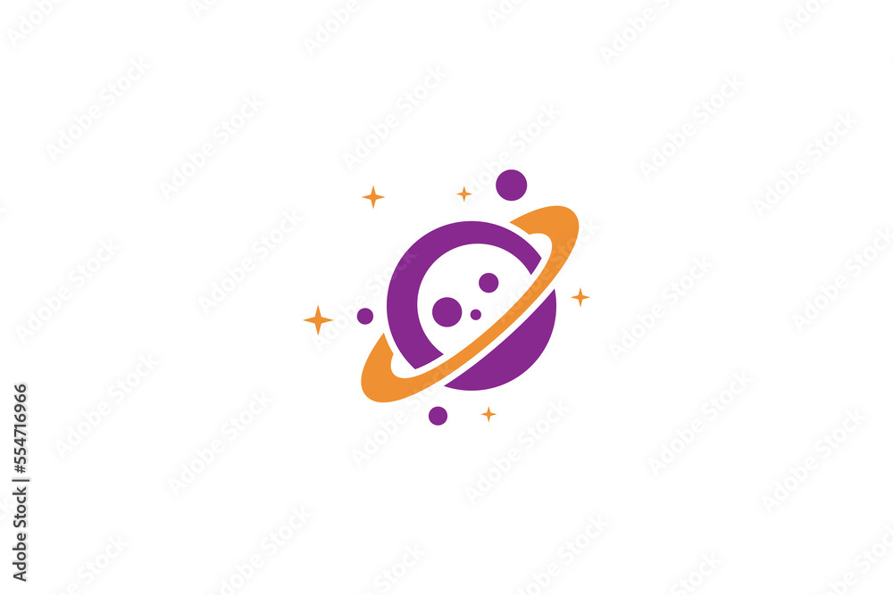 Space planet logo in orbit ring decorated with sparkling stars Space planet logo in orbit ring decorated with sparkling stars