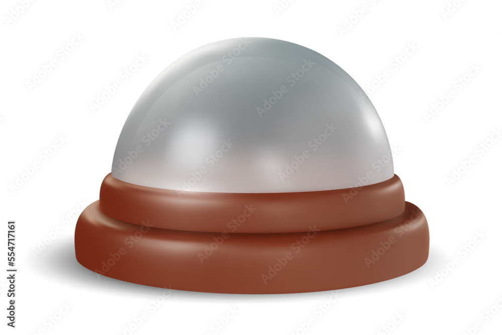 Realistic 3d glass dome on wooden tray isolated on white background. Cartoon minimal design element. Vector illustration. Realistic 3d glass dome on wooden tray isolated on white background. Cartoon minimal design element. Vector illustration.