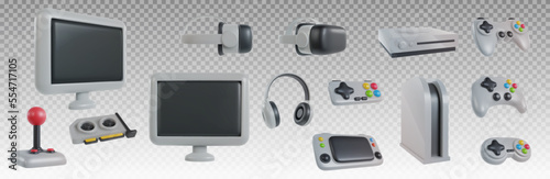 Gamepad, console, vr headset, monitor, video card, headphone. Set 3d realistic game devices in minimal funny cartoon style. Modern technology design element. Collection vector illustration or icon.