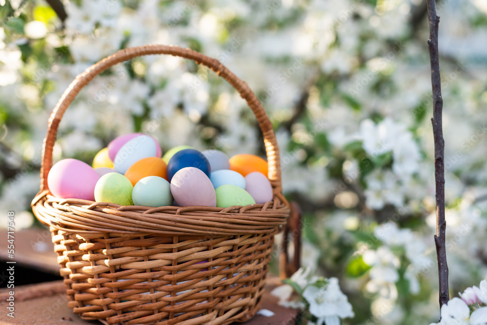 Close up of colorful Easter eggs in a basket