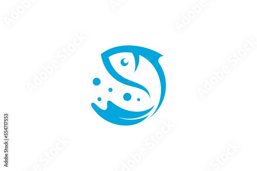 fish logo with water splash combination in blue color