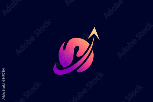 Rocket Planet Logo abstract design vector template Negative space style.