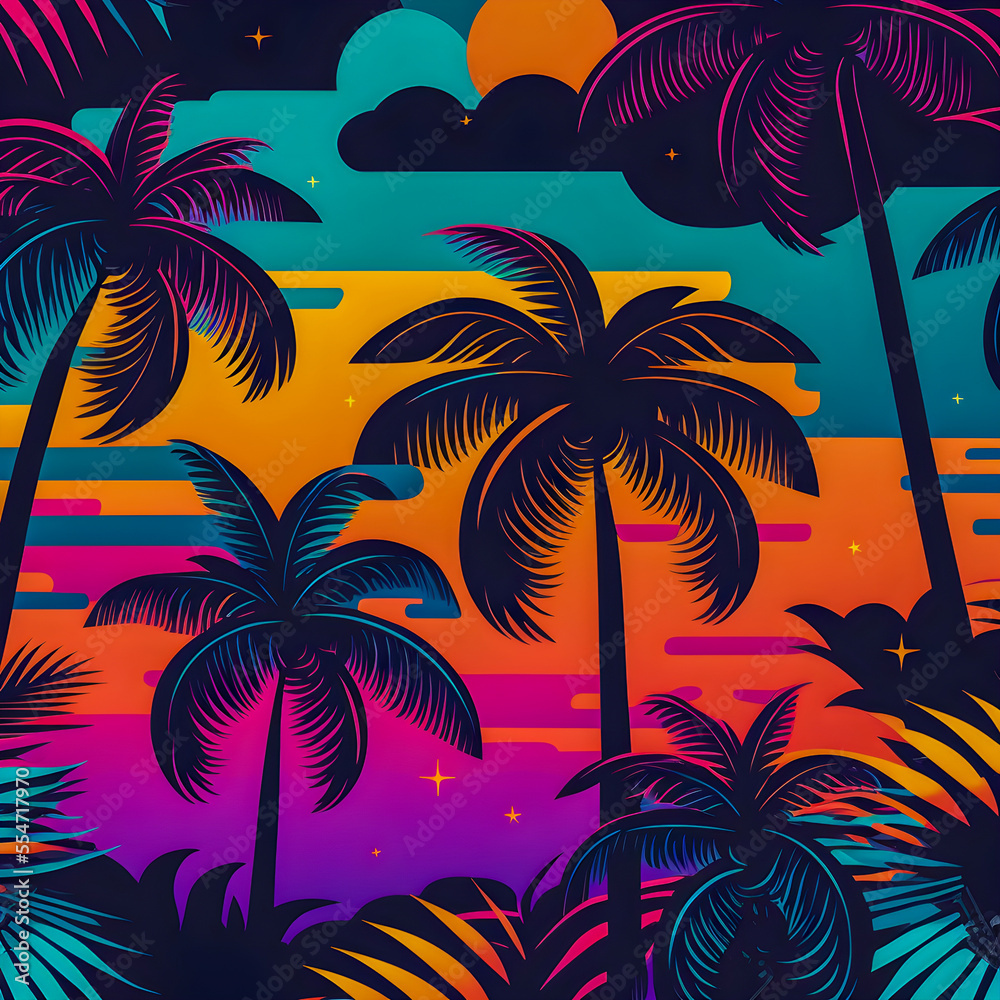 Florida pattern, illustrator,  black purple orange blue pink green color palette Generative AI