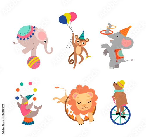 Circus Animal Performing Trick Juggling with Balls, Jumping Through Ring, Riding Monocycle and Balancing on Ball Vector Set